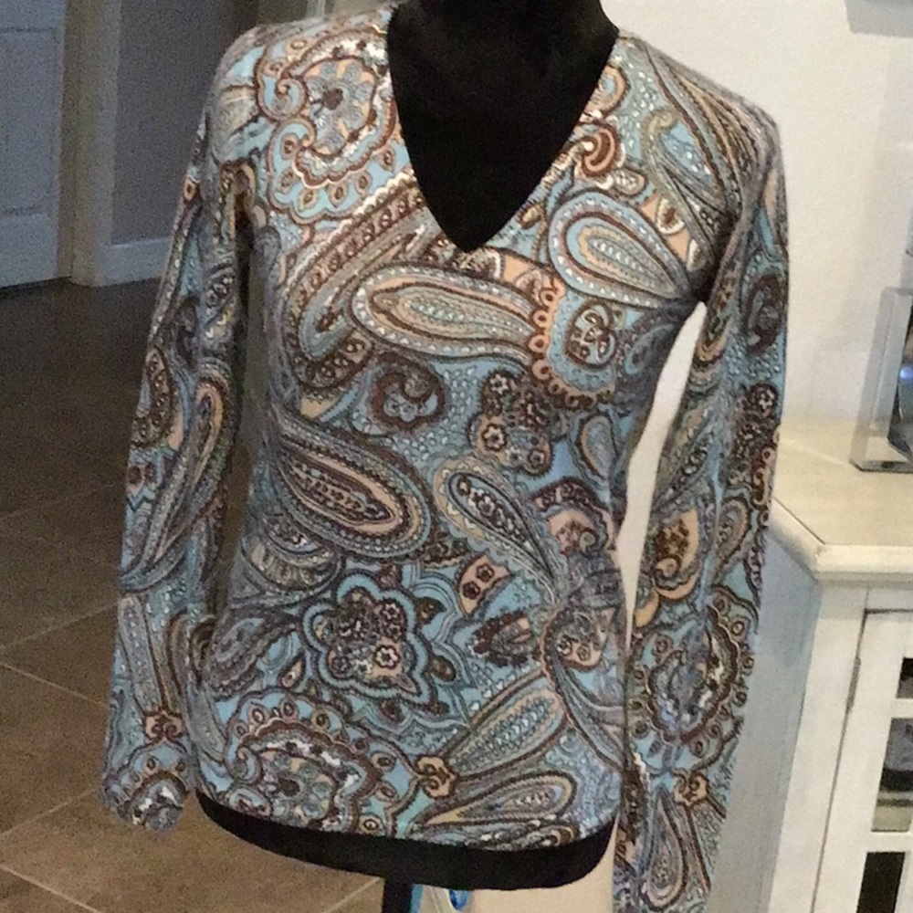 Folio 100% cashmere v neck sweater, paisley print, blue/brown/tan, size small